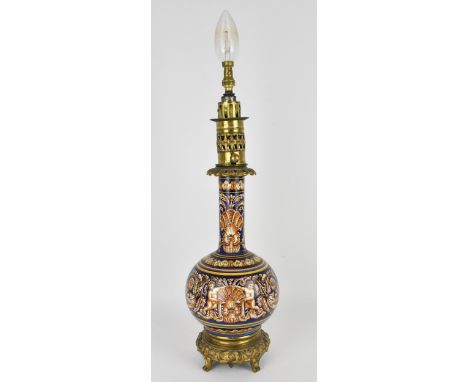 An ormolu-mounted Italian maiolica vase converted into a lamp, possibly Cantagalli, with spherical body and tubular neck, dec