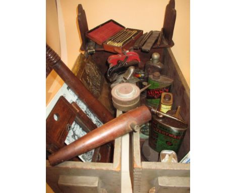 Two ammunition boxes with rope handles and contents to include mixed tins, razors and woodworking planesLocation: 