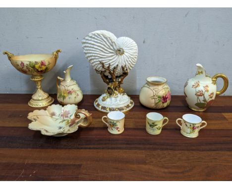 Royal Worcester blush ivory glazed porcelain to include two miniature mugs, a flat back jug, a pedestal bowl, a spoon warmer,