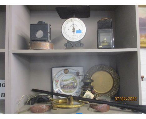 A miscellaneous lot to include a JC & W Lord, Birmingham lamp, slaters postal parcel balance scales, Coalport railway plate, 