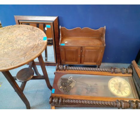 A Victorian Vienna wall clock A/F together with a wall mirror, wall cabinet and a small folding oak table with carved top and