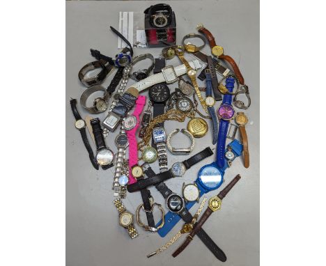 A large group of mixed wristwatches and fob watches to include Timex, Geneva and other fashion watches together with examples