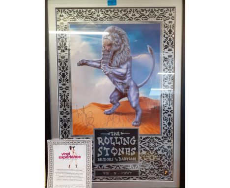 Original Rolling Stones 'Bridge to Babylon' Tour poster, framed and glazed, signed by Mick Jagger, Keith Richards, Charlie Wa