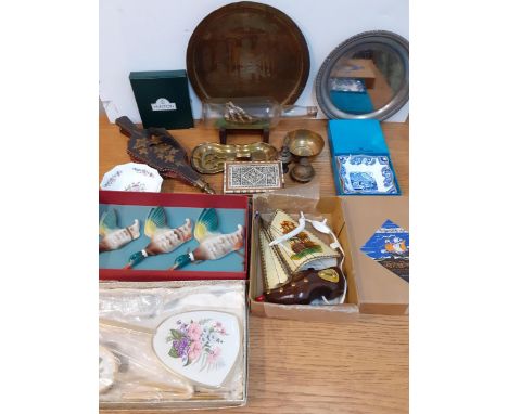 A mixed lot to include brassware, bellows, boxed flying duck wall plaques, a brush set, a flying Dutchman ornament, a Coalpor