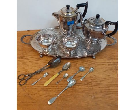 Mixed silver plate to include a four item teaset and galleried tray, together with a white metal sugar spoon in the form of a