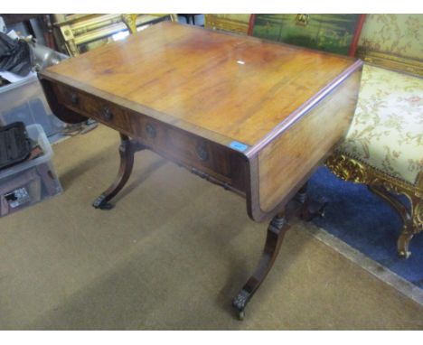 A Regency mahogany sofa table having two inset drawers, turned columns and four splayed legs 72cm h x 93.5cm w 