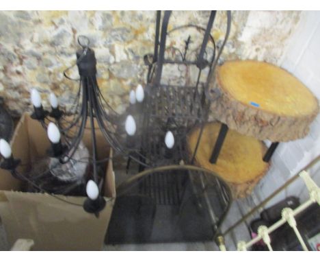 Small furniture to include a pair of occasional tables, a metal rack and folding stand, two light fittings and a glass fire s