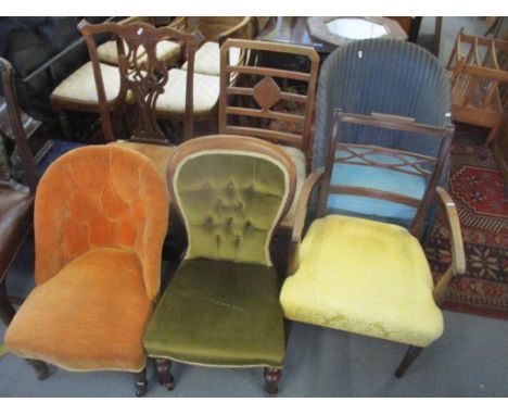 Mixed chairs to include a Georgian Chippendale style dining chair, Victorian button back nursing chair, and others 