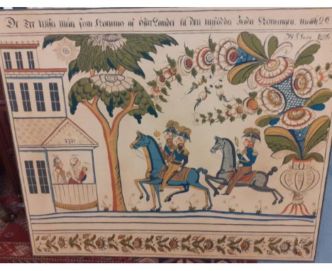 A reproduction print on fabric of an 1826 tapestry of an alternative version of the three wise men visiting Mary, Joseph and 