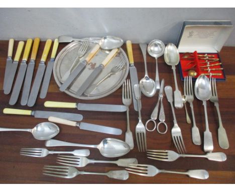 Silver and silver plate to include a silver sauce ladle 39g, silver plated grape scissors, a waiter cutlery and flatwareLocat