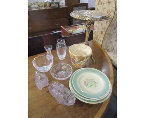 An Edwardian brass trivet stand and a selection of Stuart Fuchsia pattern crystal vases and bowls, Susie Cooper plates, Sylva