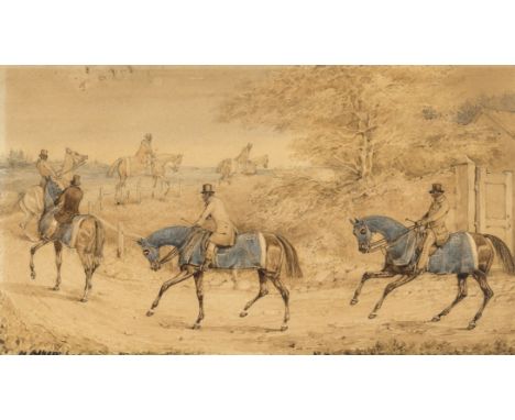 Alken (Henry Thomas, 1785-1851), follower of. Racehorses riding out for exercise, in blue liveried training coats, watercolou