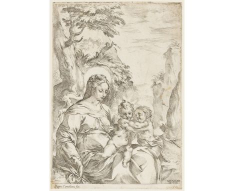 Strada (Vespasiano, 1582-1622) Virgin and Child embracing the infant Baptist in mountainous landscape, etching, a good detail