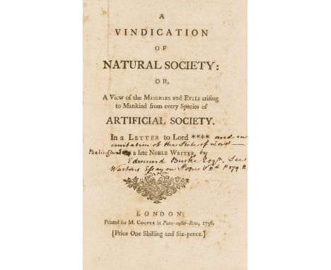 [Burke (Edmund)] A Vindication of Natural Society, first edition, ink inscription to title identifying author, spotting to fi