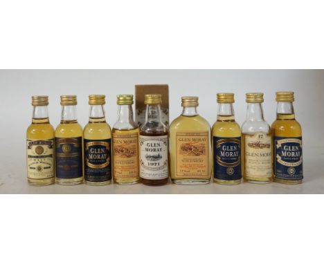 SELECTION OF GLEN MORAY MINIATURES
9 bottles.  A selection of Glen Moray Miniatures, including: Glen Moray 1971 (43%, boxed);