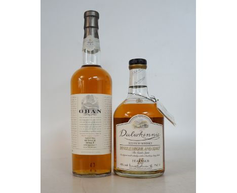OBAN 14 YEAR OLD & DALWHINNIE 15 YEAR OLD
2 bottles.  Oban 14 Year Old Single Malt Scotch Whisky.  OB.  75cl.  43% abv.  "Lit
