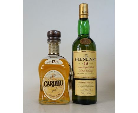 CARDHU 12 YEAR OLD & GLENLIVET 12 YEAR OLD 
2 bottles.  Cardhu 12 Year Old Single Malt Scotch Whisky.  OB.  75cl.  40% abv.  