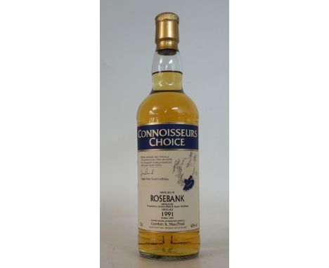 ROSEBANK 1991 CONNOISSEURS CHOICE
1 bottle.  Rosebank 1991 Connoisseurs Choice Single Malt Scotch Whisky.  70cl.  43% abv.  D