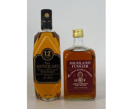 HIGHLAND FUSILIER & THE ANTIQUARY
2 bottles.  HIGHLAND FUSILIER 15 YEAR OLD Blended Malt Scotch Whisky.  75cl.  40% abv.  A b