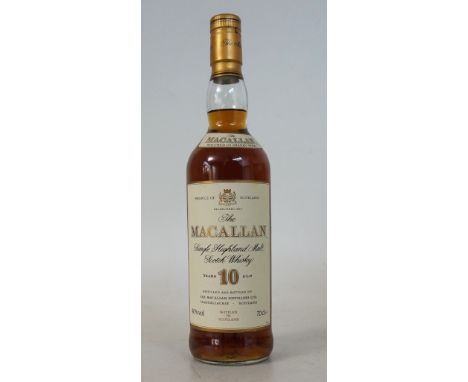 MACALLAN 10 YEAR OLD
1 bottle.  Macallan 10 Year Old Single Malt Scotch Whisky.  70cl.  40% abv.  The old style bottle with "