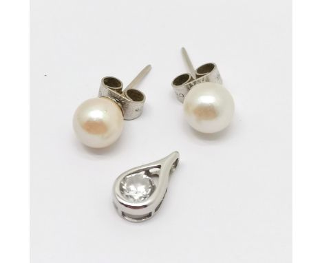 9ct white gold CZ pendant + pearl stud earrings - total weight (lot) 2.5g