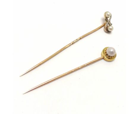 2 x antique unmarked gold stick / tie pins both set with pearl (longest 7cm has chip diamonds) - total weight 3.2g