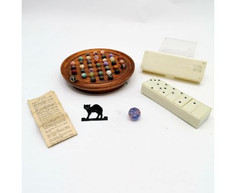Vintage solitaire board with hardstone marbles - board measures 19cm diameter t/w boxed dominos, dice, etc.
