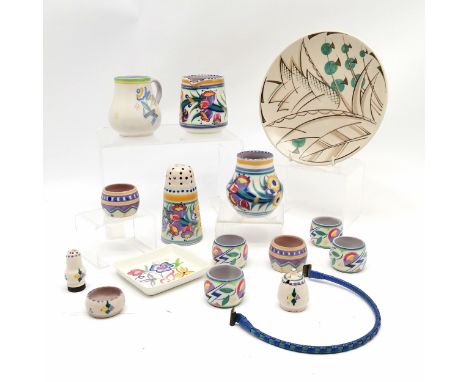 Quantity of Poole England pottery inc sugar caster #953/EE 12.5cm high (missing it's bung), plate #219/YSC decorated by Ruth 