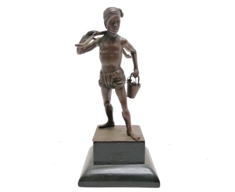 Burmese Pegu bronze figure of a Burmese man with a pole and bucket on a wooden base 22cm high x 10cm x 10cm - no obvious dama