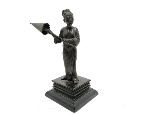 Antique Burmese Pegu bronze figure of a lady in traditional dress with an umbrella 19cm high x 9cm x 9cm