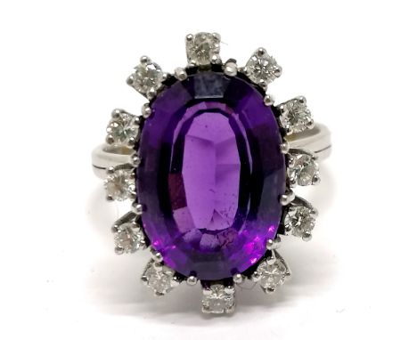 18ct hallmarked white gold (part mark) unusual amethyst &amp; diamond cluster ring - size K+ &amp; 5.8g total weight ~ amethy