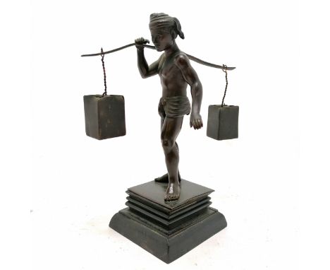 Antique Burmese Pegu bronze figure of a man with a carrying pole and baskets 21cm high x 8.5cm x 8.5cm - no obvious damage