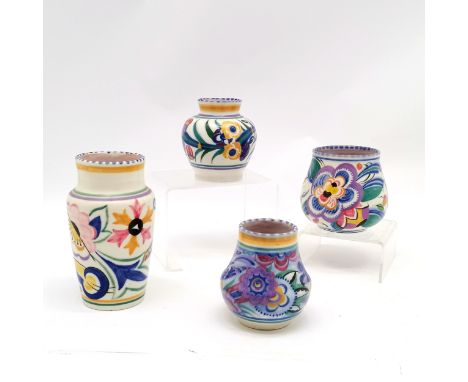 4 x Poole England pottery vases i) blue-bird #116/PB decorated by Phyllis Ryall (Randall 1928-37) ii) #988/EE decorated by Gw