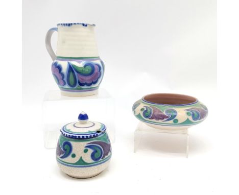 Carter Stabler Adams Ltd. Poole Pottery jug #559/HH decorated by Lily Pedley (Edmonds 1924-32) - 15cm high, squat bowl #688/O