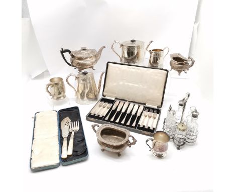 Qty of silver plated wares inc 3 piece EPNS teaset with Greek key engraved pattern (tallest 20cm) t/w 6 bottle cruet stand wi