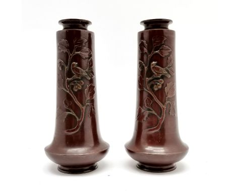 Pair of antique Japanese bronze vases with bird detail - 21.5cm high and both have slight surface abrasions
