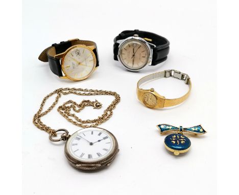 Seiko gents automatic wristwatch, Timex automatic (24mm case) &amp; both running at time of listing, silver cased fob watch ~