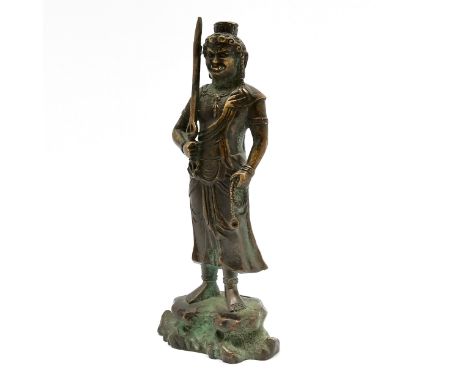 Asian bronze cast deity with sword - 22cm high