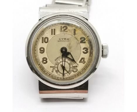 Cyma watersport manual wind wristwatch in stainless steel 28mm case on a bonklip style adjustable bracelet - has deterioratio