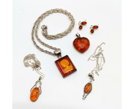 Qty of silver &amp; amber jewellery inc portrait pendant on a silver hallmarked 48cm fancy link chain etc (some unmarked) - t