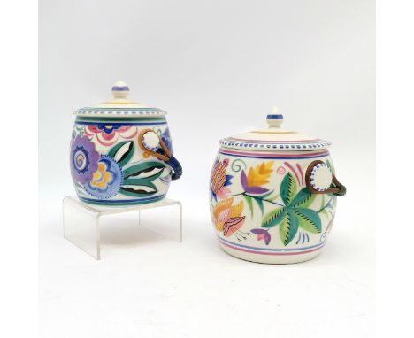 2 x Poole England pottery lidded biscuit barrels with cane handles largest 16cm high #230/MA decorated by Clarice Heath (Drew