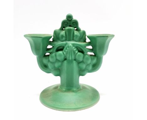 Carter Stabler &amp; Adams Poole pottery green 2 branch candelabra #964 designed by John Adams - 16cm high x 15.5cm across