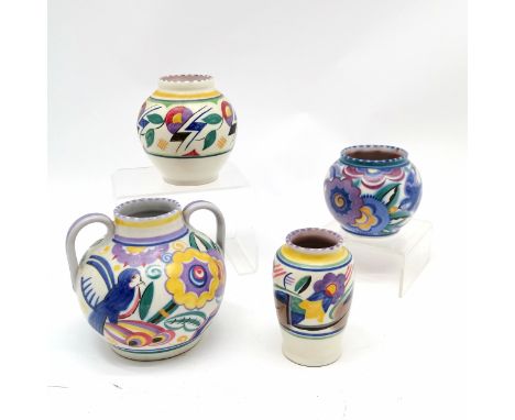 4 x Poole England pottery vases i) #506/TJ ii) blue-bird #354/PB decorated by Phyllis Ryall (Randall 1928-37) iii) #352/JV de