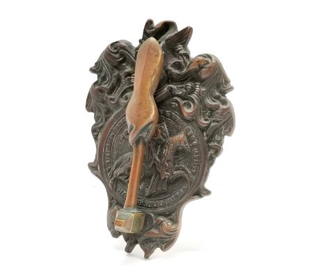 Ornate French masonic / knights templar door knocker with hand holding hammer detail - 18.5cm long x 13cm