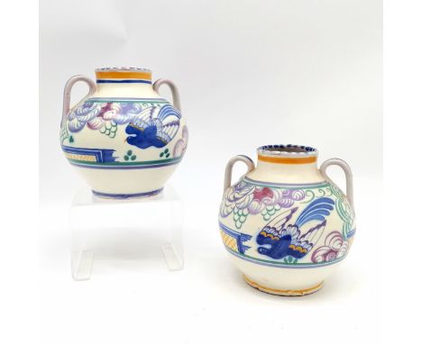 Pair of Carter Stabler Adams Ltd. Poole Pottery blue-bird squat 2 handled vases #202/PN & marked U.M.L.No.30 1929 to base (1 