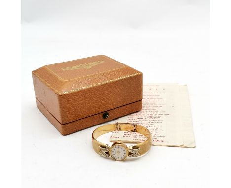 Longines 18ct marked gold ladies manual wind cocktail watch with diamond set detail in original retail box with 1962 purchase