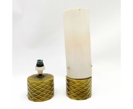 Pair of Poole pottery green ceramic hendecagon shaped helios lamp bases designed by Robert Jefferson - total height with shad