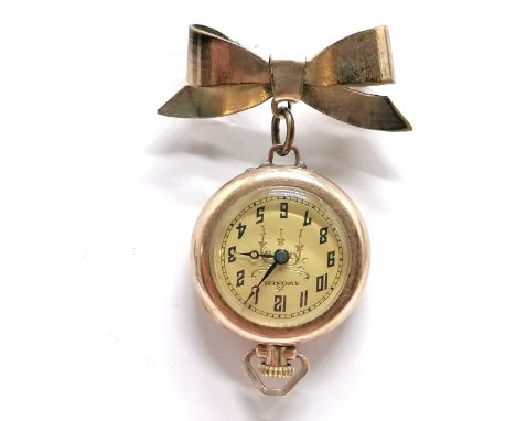 Awoner rolled gold manual wind brooch watch with bow suspender - 4.5cm drop &amp; running at time of listing BUT WE CANNOT GU