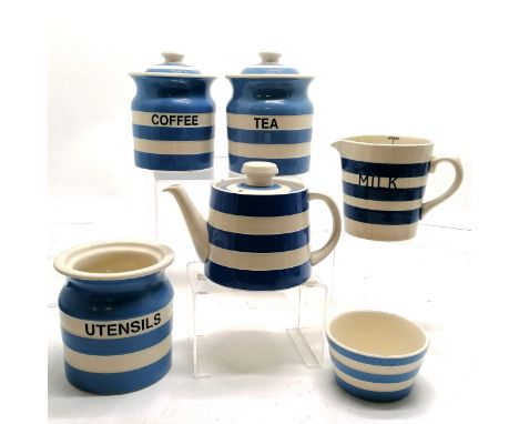 T G Green 5 x Cornishware (Tea / coffee / utensils / teapot / sugar basin) t/w unmarked milk jug ~ some a/f