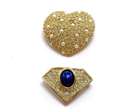 2 x Christian Dior gold tone stone set brooches - heart shaped (3.5cm across) &amp; diamond shaped